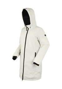 Lang lys grå vinterfrakke med hætte, sort lynlås og lomme detaljer samt sorte indvendige manchetter vist på en ensfarvet hvid baggrund.