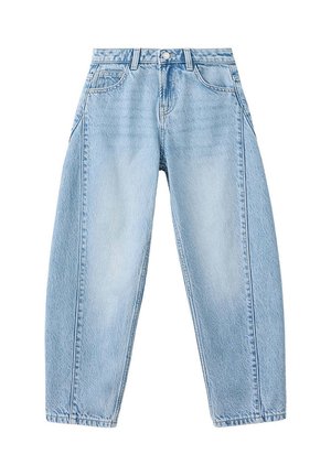 Jean en denim bleu clair taille haute avec poches avant, fermeture par boutons et coupe légèrement fuselée.