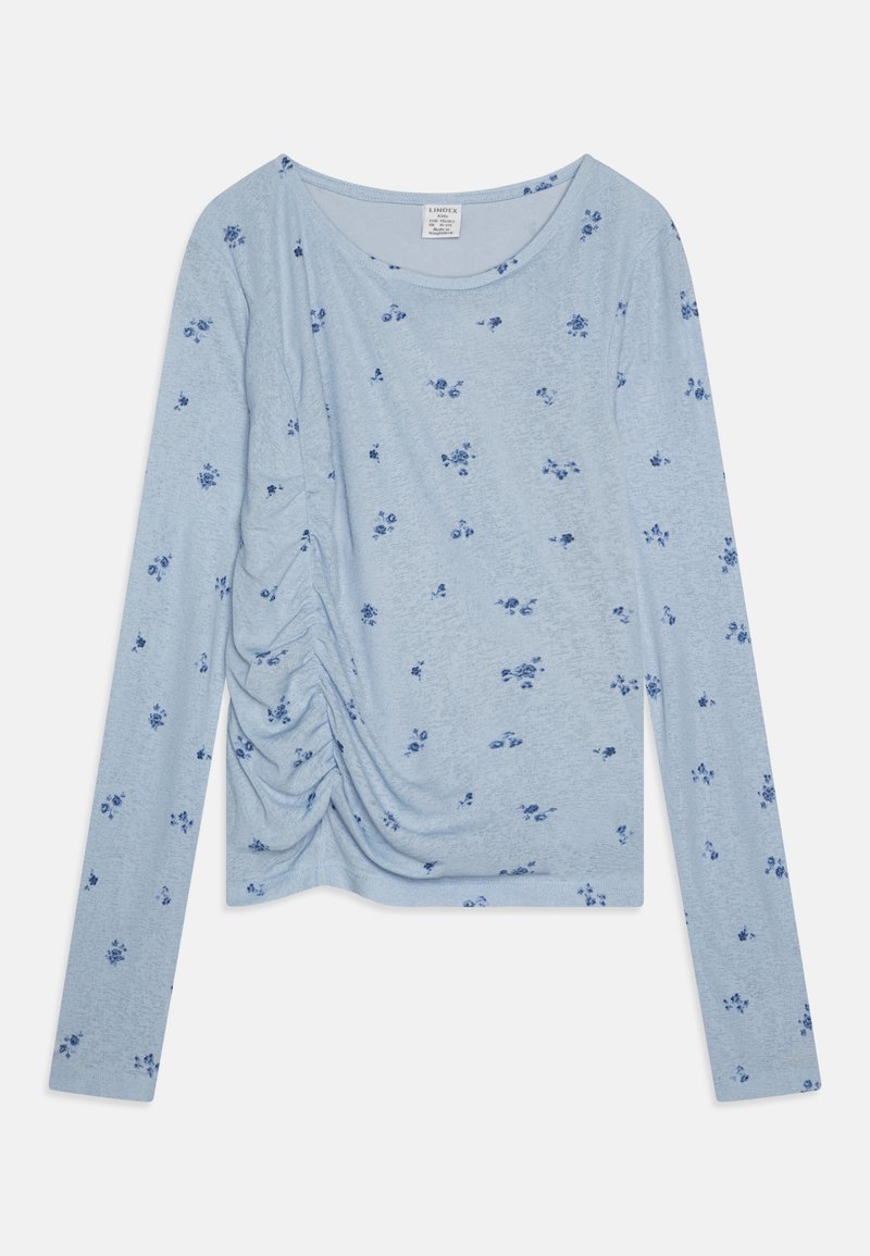 Long-sleeve blue top with small floral patterns, featuring gathered side detailing and a wide round neckline, made from soft, lightweight fabric.