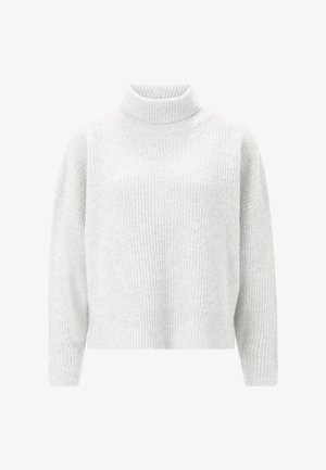 Jasnoszary sweter z golfem wykonany z ribbed knit, charakteryzujący się luźnym krojem i opuszczonymi ramionami. Brak widocznych zapięć czy ozdób.