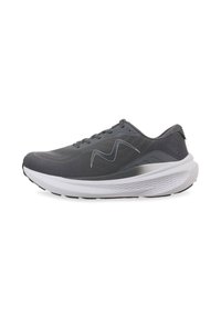 Baskets de sport grises avec une tige texturée, semelle intermédiaire blanche contrastante et semelle extérieure noire. Présente un design en vagues unique sur le côté.