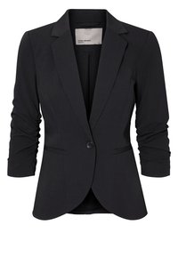 Zwarte blazer van gladde stof, met een getailleerd ontwerp, een single-button sluiting en driekwart mouwen met geplooide details.