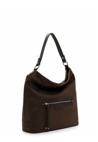 Brown fabric handbag with a soft design, a textured dark brown strap, and a front zippered pocket accented with metal hardware.