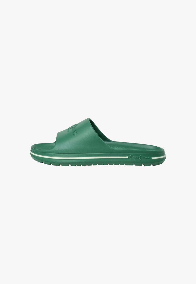 Green rubber slide sandal with a wide strap, textured finish, and contrasting white stripes. Features a logo on the strap and a flat sole.