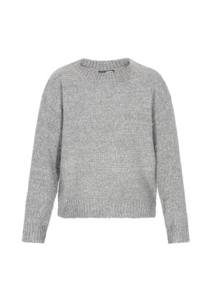 Suéter gris de punto con cuello redondo, mangas largas y corte relajado. Con tejido texturizado y suave, y puños y dobladillo acanalados.