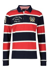 Langarm-Poloshirt in Rot, Marineblau und weißen Streifen. Mit einem marineblauen Kragen, bestickten Details und einer Rugby-Style Knopfleiste.