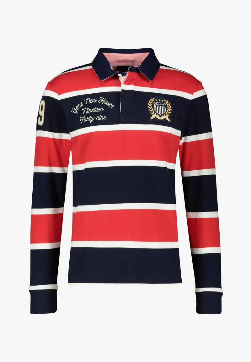 Langarm-Poloshirt in Rot, Marineblau und weißen Streifen. Mit einem marineblauen Kragen, bestickten Details und einer Rugby-Style Knopfleiste.
