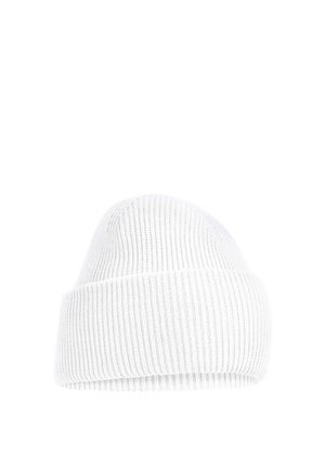 White knitted beanie hat with a folded cuff and a ribbed texture, shown against a plain white background.
