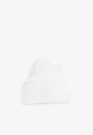 White knitted beanie hat with a folded cuff and a ribbed texture, shown against a plain white background.