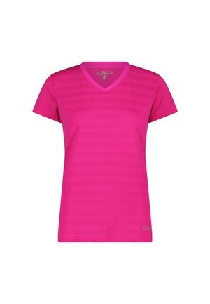 T-shirt de sport à manches courtes col V rose vif avec un motif subtil à rayures horizontales et un petit logo près de l'ourlet.