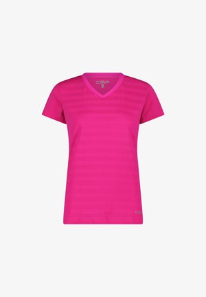 T-shirt de sport à manches courtes col V rose vif avec un motif subtil à rayures horizontales et un petit logo près de l'ourlet.
