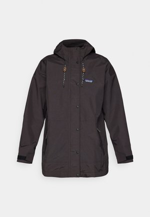 Black waterproof jacket with a hood, snap buttons, and drawstring. Features side pockets and textured fabric with a logo accent.