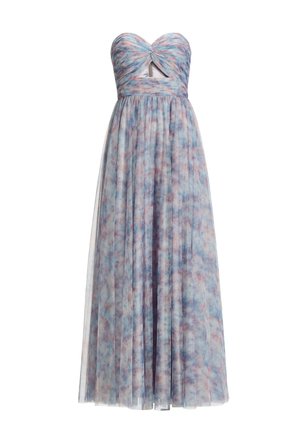 Strapless long gown with pleated skirt, blue and pink watercolor pattern, and a small triangular cutout below twisted bust.