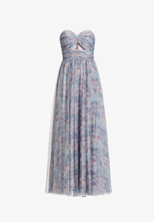 Strapless lange jurk met geplooide rok, blauw en roze aquarelpatroon, en een kleine driehoekige uitsnijding onder de gedraaide buste.
