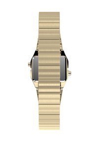Orologio in metallo dorato con finitura spazzolata, cassa rettangolare e cinturino testurizzato. Quadrante quadrato nero con indicatori minimi.