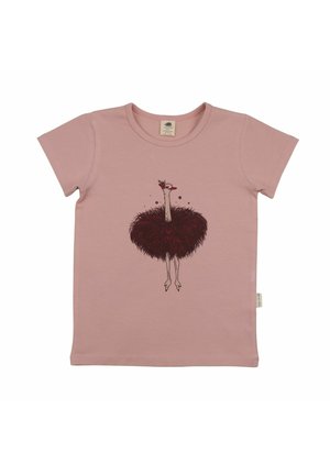 Pink short-sleeve t-shirt with a graphic of an ostrich wearing a dark fluffy tutu and a small flower on its head.