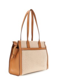 Tan-nahka ja herringbone-kuvioinen kangaskassi, jossa on kaksi kahvaa, vetoketjullinen tasku ja kontrastivärisiä ompeleita.