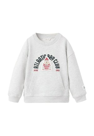 Sweatshirt pour enfants gris clair avec poche avant, graphique d'un morse portant un chapeau rayé rouge, et texte "Atlantic Bay Club Walrus Crew."