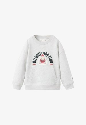 Sweatshirt pour enfants gris clair avec poche avant, graphique d'un morse portant un chapeau rayé rouge, et texte "Atlantic Bay Club Walrus Crew."