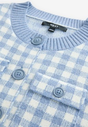 Blau-weißer karierter Cardigan mit geripptem Kragen, ausgestattet mit zwei blauen Knöpfen und vorderen Taschen. Weicher Stoff, gestricktes Material.