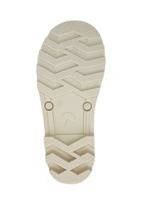 Semelle de chaussure en caoutchouc beige clair présentant un motif en zigzag, une texture antidérapante et un bout arrondi, avec un logo parapluie embossé.