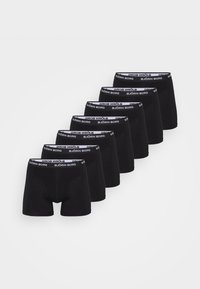 Black boxer briefs with a white elastic waistband displaying "BJÖRN BORG." The fabric appears smooth, and eight pairs are arranged in a row.