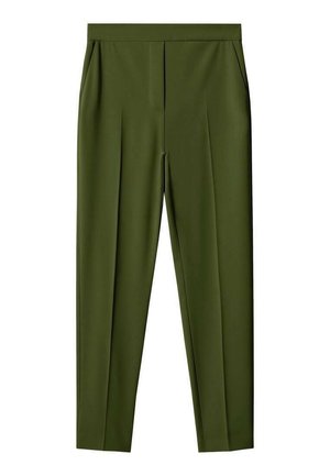 Olivgrüne, maßgeschneiderte Hose mit Seitentaschen und vorderer Bügelfalte, gestaltet für eine schlanke, konisch zulaufende Passform.