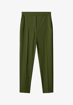 Pantalon vert olive ajusté avec poches latérales et pli sur le devant, conçu pour une coupe slim et fuselée.