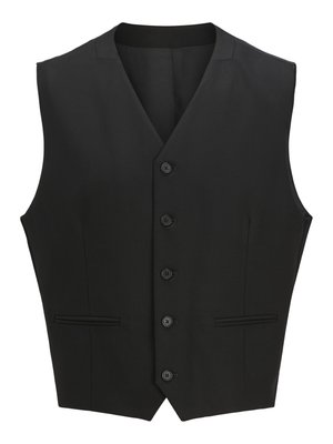 Gilet sans manches noir avec un revers cranté, fermeture à six boutons et deux poches avant. Tissu lisse avec une coupe ajustée.