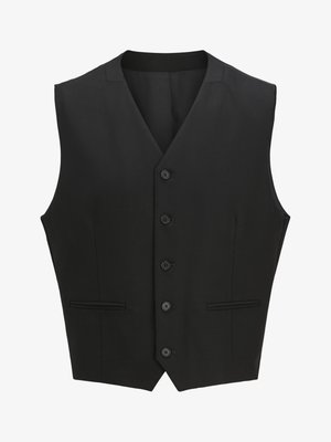 Gilet sans manches noir avec un revers cranté, fermeture à six boutons et deux poches avant. Tissu lisse avec une coupe ajustée.