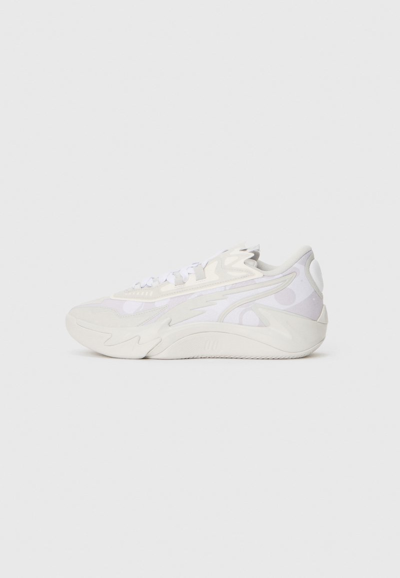 Side view of a white and light grey sneaker with abstract wavy design and thick sole on a plain white background.