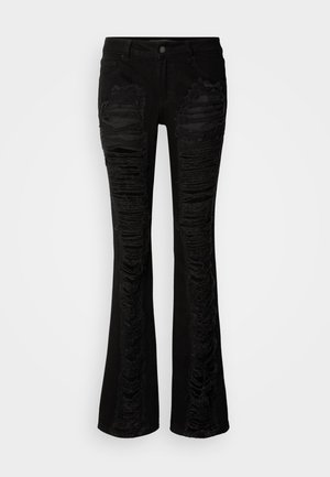 Jeans de mezclilla negra acampanados con acentos desgastados en la parte frontal, parches texturizados y un diseño clásico de cinco bolsillos con cierre de botón.