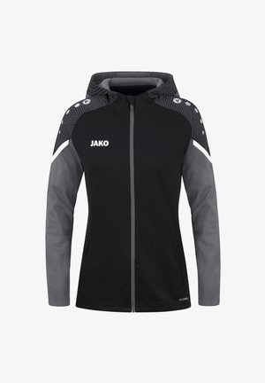 Schwarze und graue Kapuzenjacke mit durchgehendem Reißverschluss, strukturiertem Schulterdesign und Logo auf der Brust. Verfügt über kontrastierende Ärmel und Taschen.
