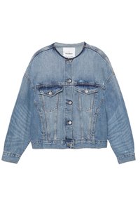 Svetlo modra jeans jakna z dolgimi rokavi, gumba spredaj, dvema žepoma na prsih in krajšo zasnovo. Mehka tekstura in klasični šivi.