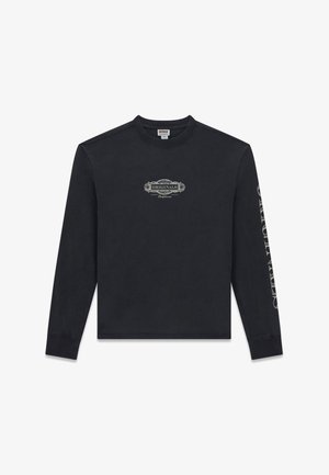 Schwarzes Sweatshirt mit langen Ärmeln, das in der Mitte eine graue Grafik mit dem Wort "ORIGINALS" zeigt und entlang des Ärmels einen Text in einer kontrastierenden Schriftart aufweist.