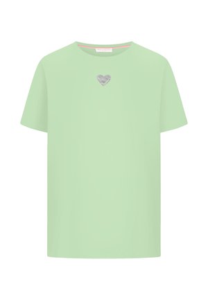 Light green short-sleeve T-shirt with a small silver heart design centered below the neckline.