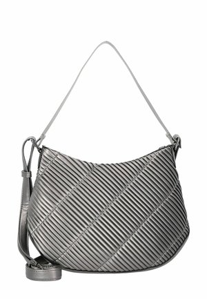 Grau gepolsterte Schultertasche mit diagonalen Streifenmuster, elegantes Design und verstellbarem Tragegurt. Hergestellt aus synthetischem Material mit glatter Textur.