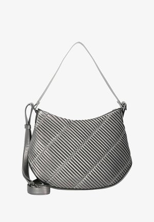 Borsa a spalla grigia trapuntata con motivo a strisce diagonali, design elegante e tracolla regolabile. Realizzata in materiale sintetico con una texture liscia.