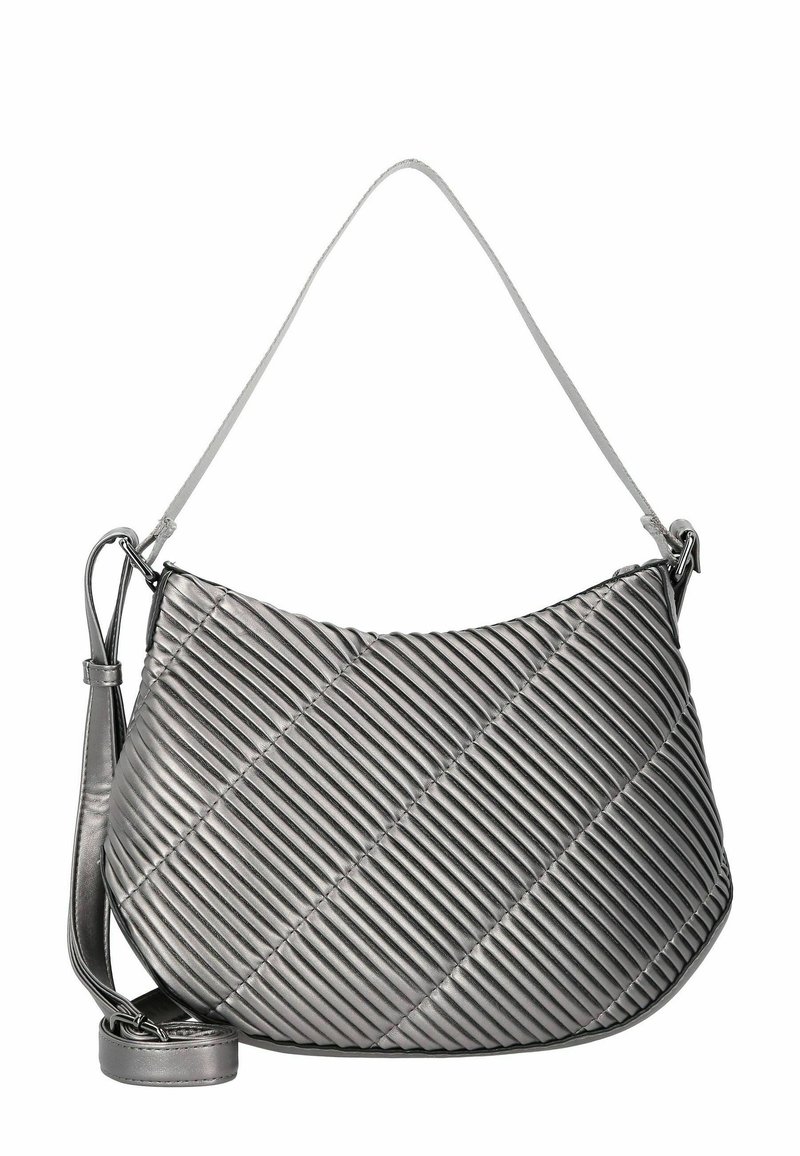 Grau gepolsterte Schultertasche mit diagonalen Streifenmuster, elegantes Design und verstellbarem Tragegurt. Hergestellt aus synthetischem Material mit glatter Textur.