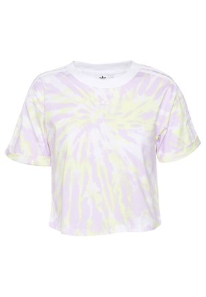 Krátké rukávy, zkrácené tričko v pastelové fialové barvě se žlutým vzorem tie-dye. Bavlněný materiál, s bílým kulatým výstřihem a jemným logem.