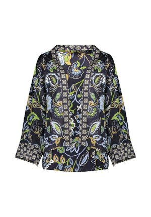 Blusa scura con motivo floreale, maniche ampie, scollo a V profondo bordato da un raffinato bordo geometrico e dettagli coordinati ai polsini.