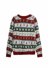 Pulover tricotat cu dungi roșii, verzi și gri, având modele festive care includ reni, Moși Crăciun și brazi de Crăciun. Guler și manșete ribbate.