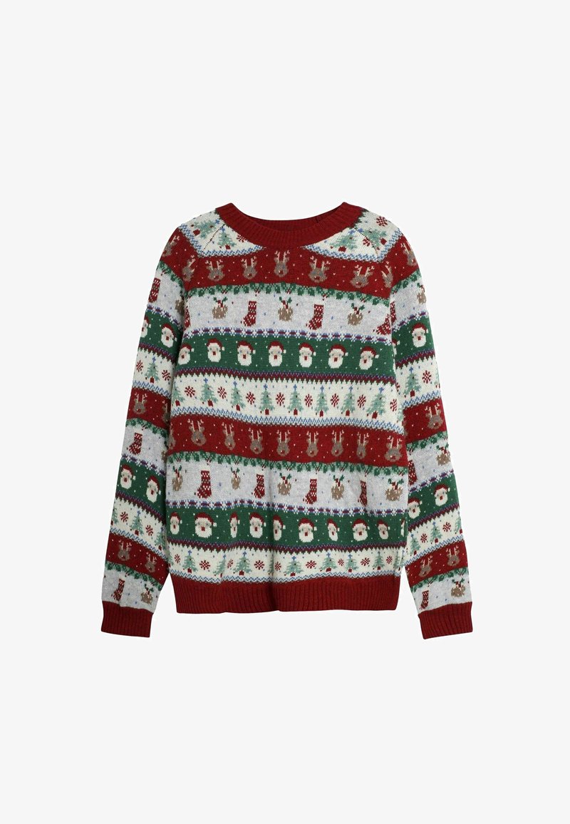 Kötött pulóver piros, zöld és szürke csíkokkal, ünnepi motívumokkal, mint rénszarvasok, Mikulások és karácsonyfák. Bordázott gallérral és mandzsetta.