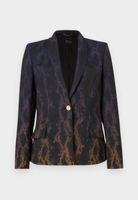 Blazer noir avec un imprimé serpent dégradé du violet à l'orange. Doté d'un bouton unique en or et de deux poches avant. Tissu texturé.