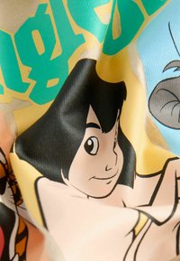 Buntes Gewebe mit Cartoonfiguren, ausgeprägten schwarzen Umrissen, glatter Textur und leuchtenden Akzenten in Gelb, Grün und Blau.