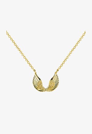 Collar de oro con un colgante en forma de ala, con grabados detallados que imitan plumas, suspendido de una delicada cadena.