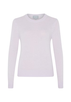 Helllavendelfarbener, gestrickter Pullover mit langen Ärmeln, rundem Halsausschnitt, gerippten Bündchen und Saum. Er verfügt über eine weiche Textur und eine figurbetonte Silhouette.