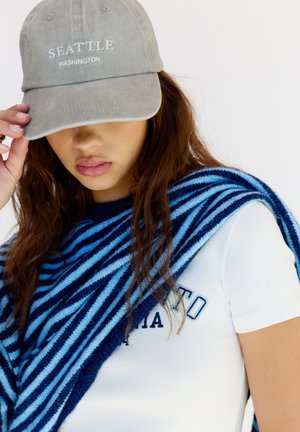 Grijze katoenen pet met borduursel "SEATTLE WASHINGTON". Blauw en marine gestreepte gebreide sjaal over een wit t-shirt met de tekst "CALIFORNIA".