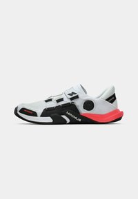 Lightweight athletic shoe in white and black with pink accents. Features a mesh upper, BOA lace system, and minimalistic design.