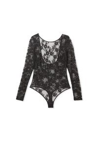 Schwarzer Spitzen-Body mit langen Ärmeln, der floral gemusterte Details aufweist, einen Scoop-Ausschnitt hat und eine figurnahe Form bietet. Weicher Stoff und transparente Einsätze.